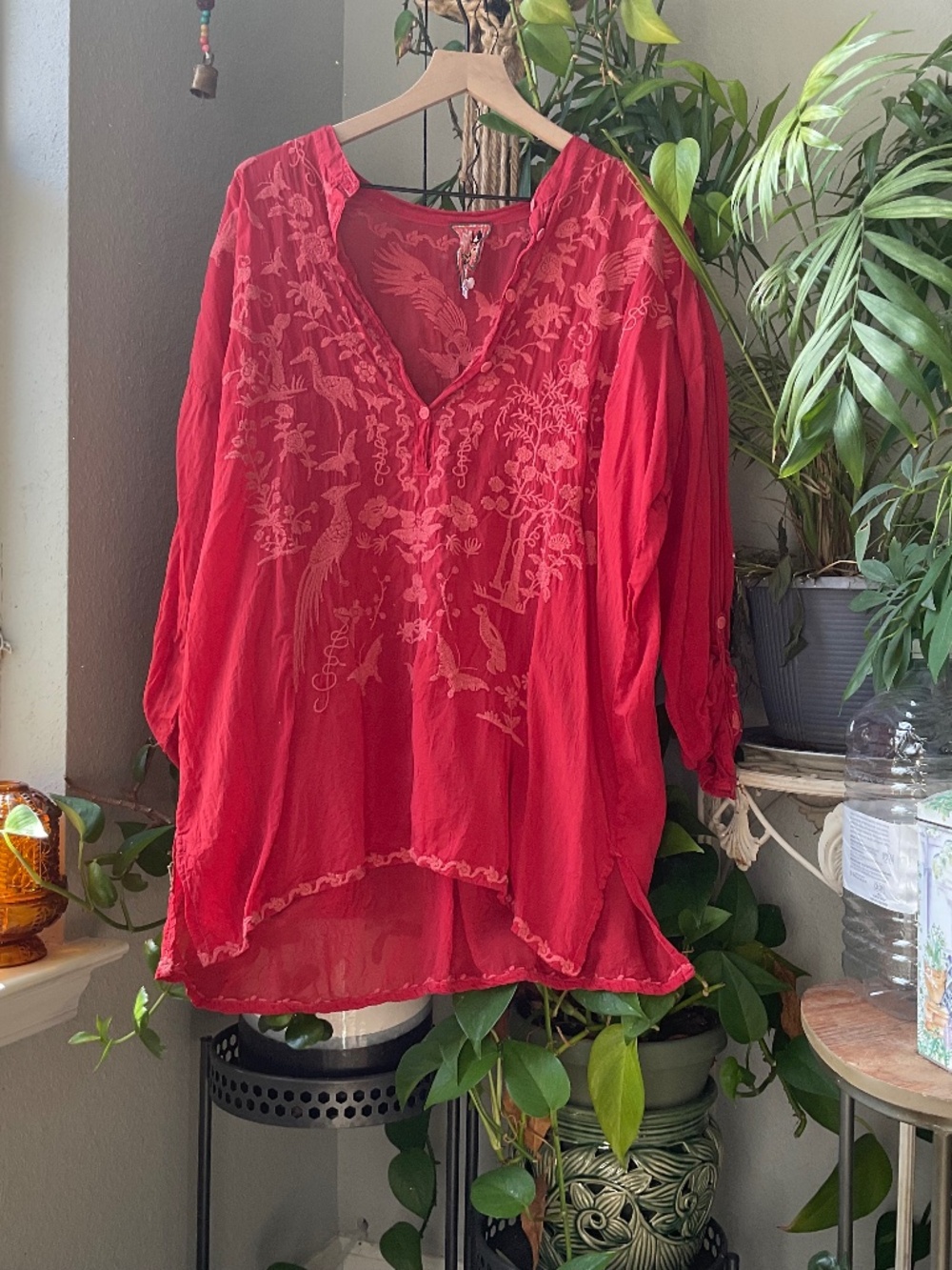 Women’s Johnny Was Red Silk Blouse with Embroidery XXL